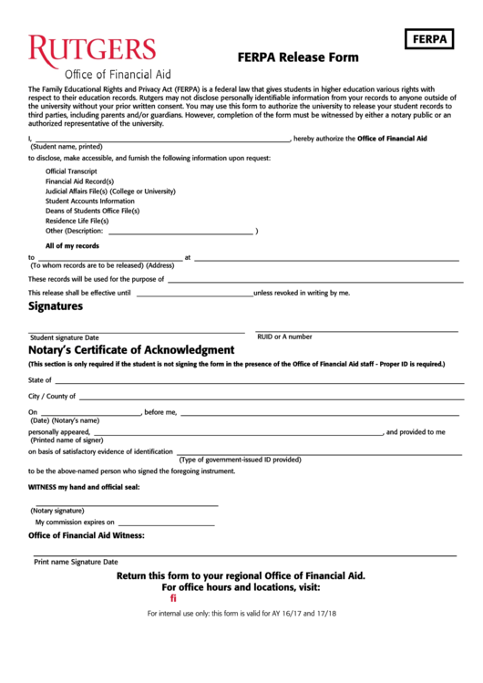 Fillable Ferpa Release Form - Rutgers Financial Aid Printable pdf