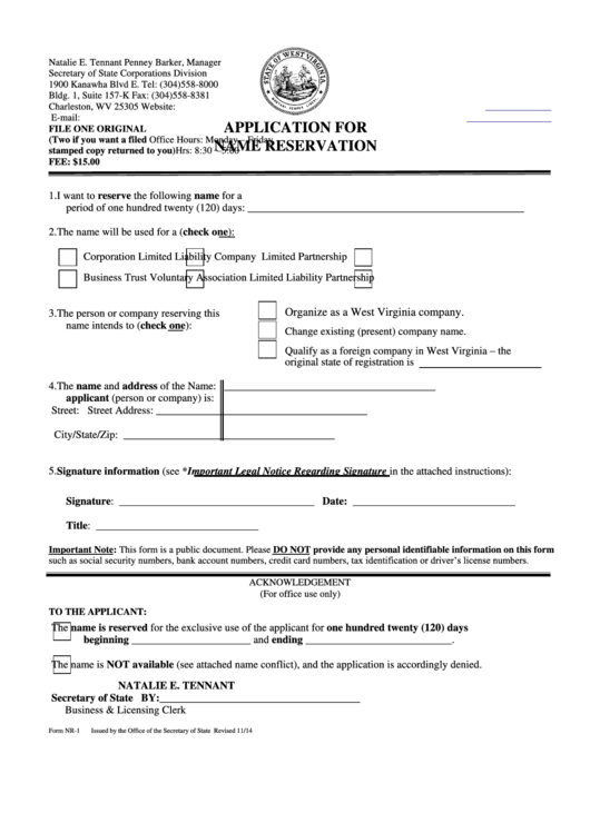 Fillable Form Nr-1 - Application For Name Reservation - 2014 Printable pdf