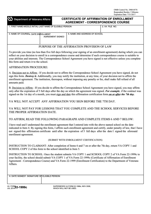 Fillable Va Form 22-1999c - Certificate Of Affirmation Of Enrollment Agreement - Correspondence Course Printable pdf