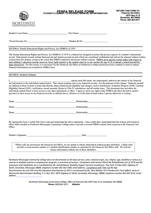 Ferpa Release Form - Northwest Mississippi Community College Printable pdf