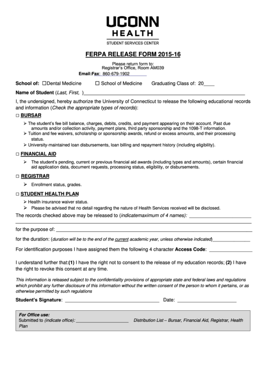 Ferpa Release Form 2015-16 - Uconn Health - University Of Connecticut Printable pdf