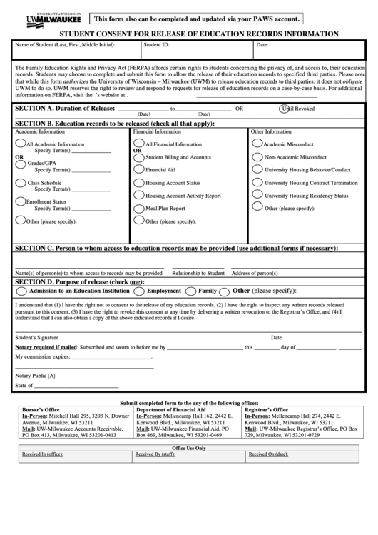 Student Consent For Release Of Education Records Information Printable pdf