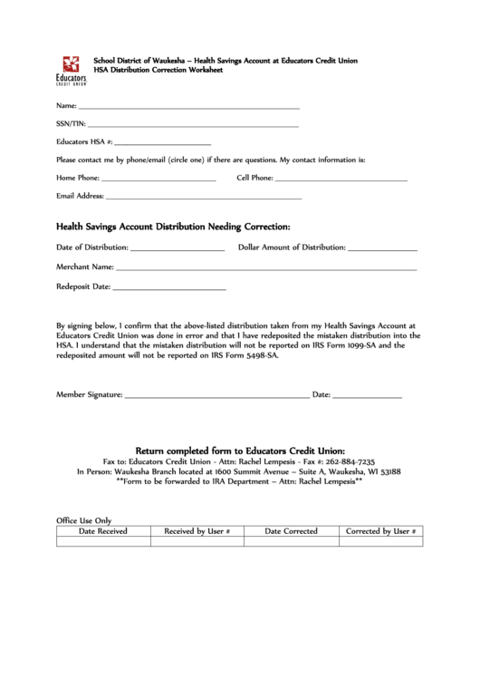 The Hsa Return Of Mistaken Distribution Form - Educators Credit Union Printable pdf