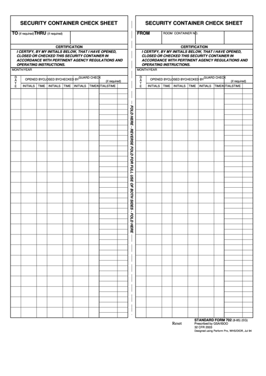 Fillable Standard Form 702, Security Container Check Sheet Printable pdf