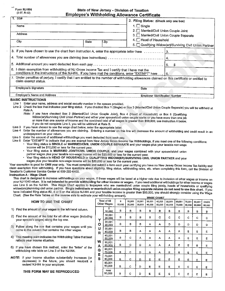 Nj Form W4 Employee'S Withholding Allowance Certificate New Jersey