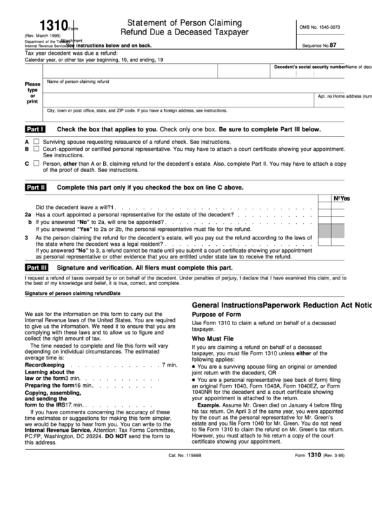 Form 1310 Rev March 1995 Printable Pdf Download
