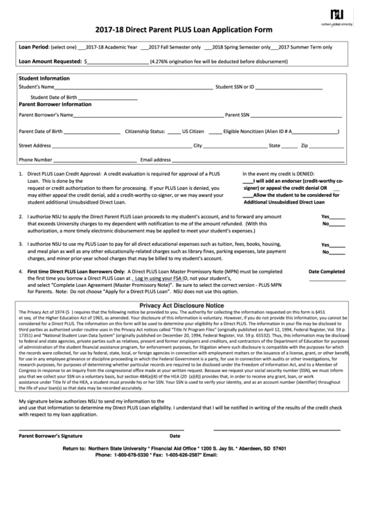 Direct Parent Plus Loan Application Form - 2017-2018 printable pdf download