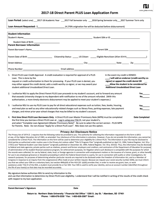 Direct Parent Plus Loan Application Form - 2017-2018 Printable pdf