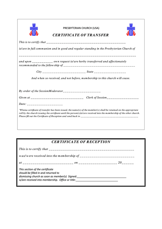 Fillable Certificate Of Transfer And Reception - Presbytery Of Florida Printable pdf