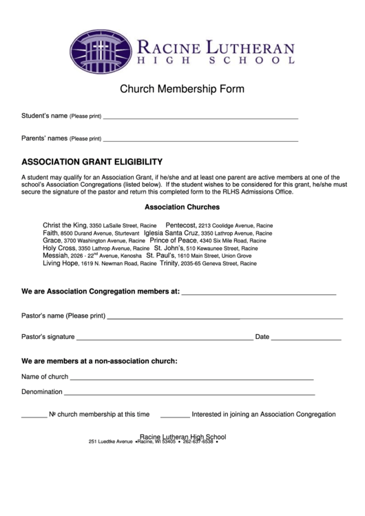 Church Membership Form - Racine Lutheran High School Printable pdf