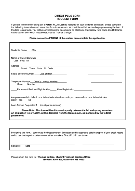 Plus Loan Request Form - Thomas College Printable pdf