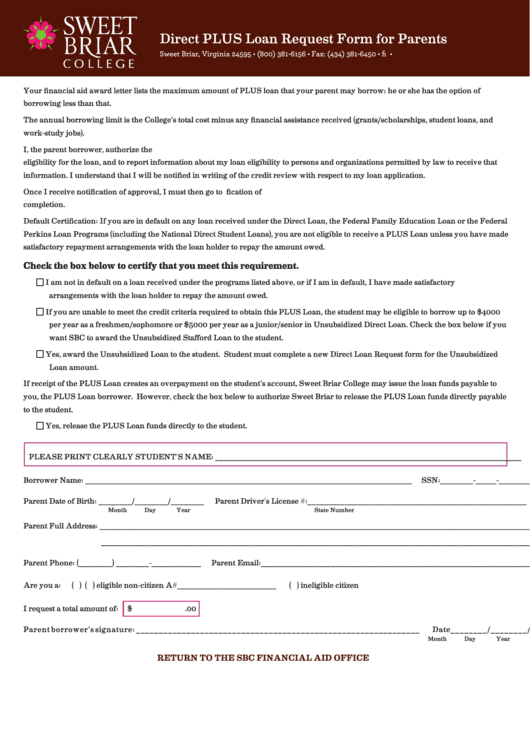 Federal Direct Loan Request Form - Plus Loan - Parents Printable pdf