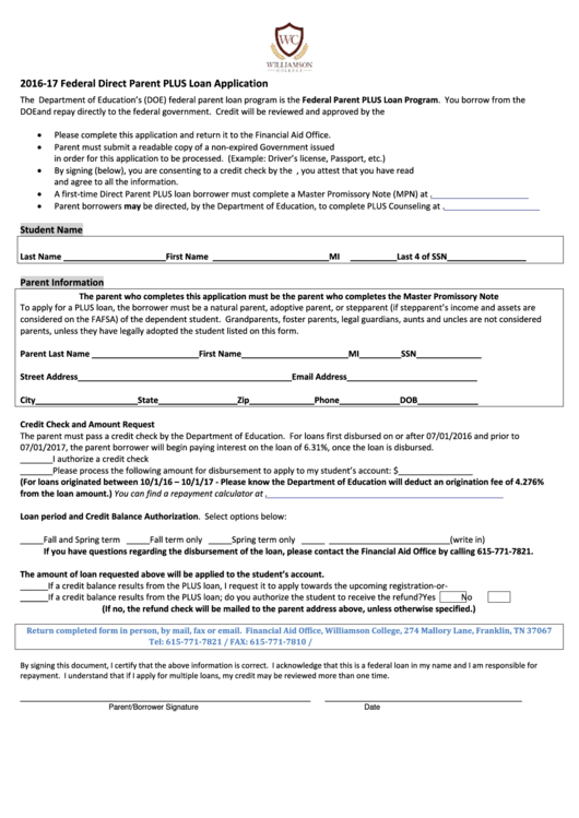 Federal Direct Parent Plus Loan Application - 2016-2017 Printable pdf