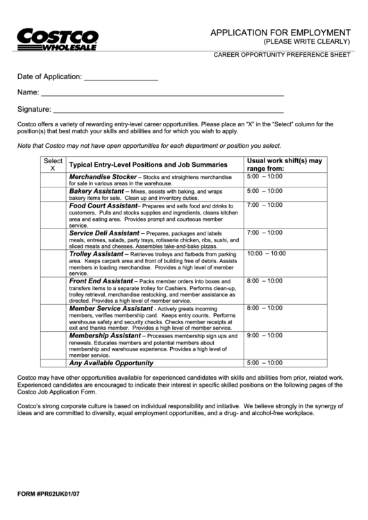 Costco Job Application Form