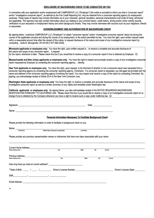 Fillable Background Check Authorization Form - Camp Danbee Printable pdf
