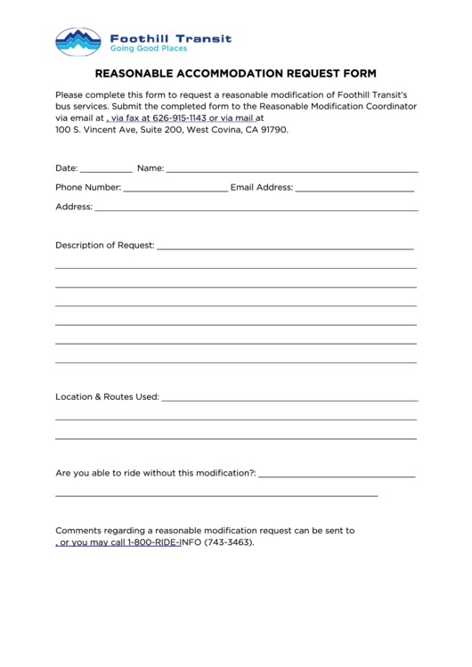 Fillable Reasonable Accommodation Request Form - Foothill Transit Printable pdf
