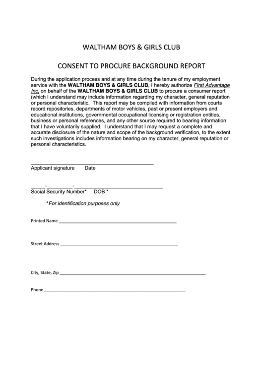 Background Check Forms - Waltham Boys And Girls Club Printable pdf