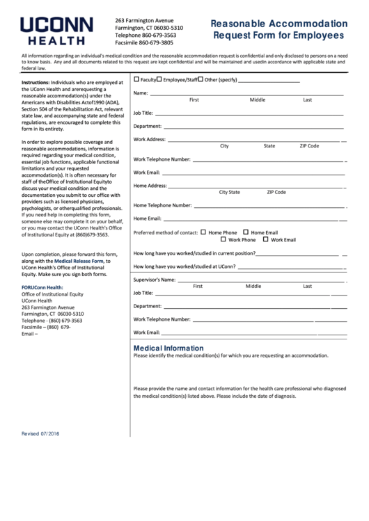 Fillable Reasonable Accommodation Request Form For Employees Printable pdf