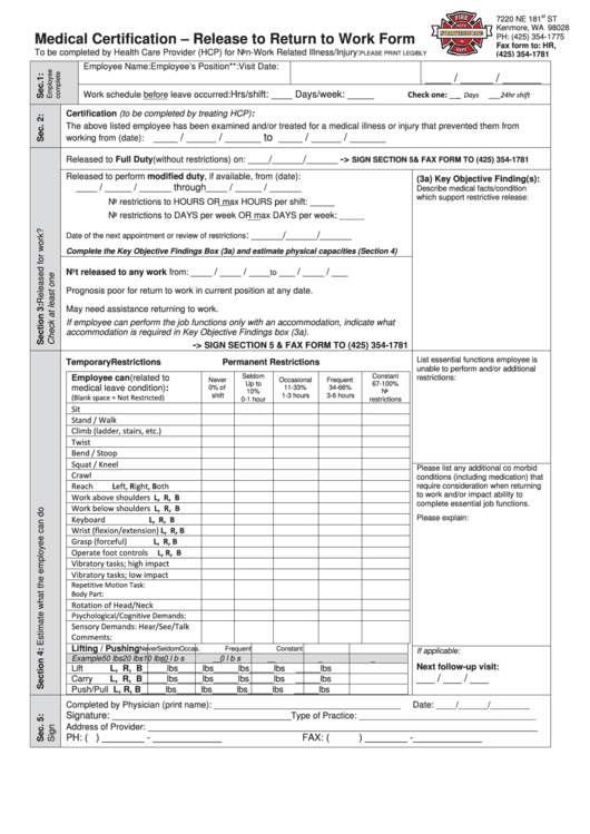 Medical Certification - Release To Return To Work Form Printable pdf