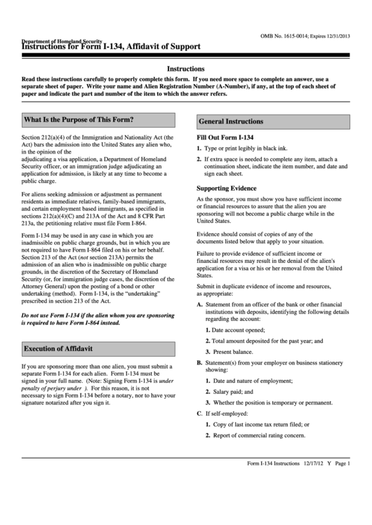 Instructions For Form I-134, Affidavit Of Support Printable pdf