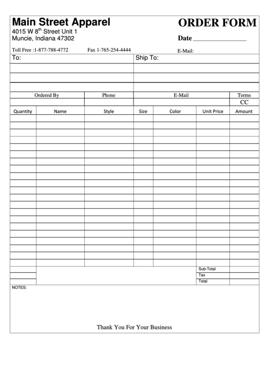Order Form - Main Street Apparel Printable pdf