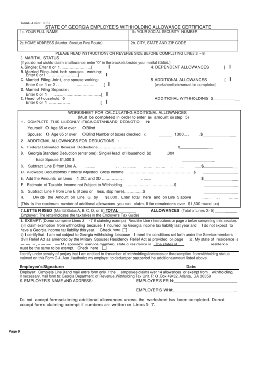 Form G 4 State Of Georgia Employee S Withholding Allowance Certificate Printable Pdf Download
