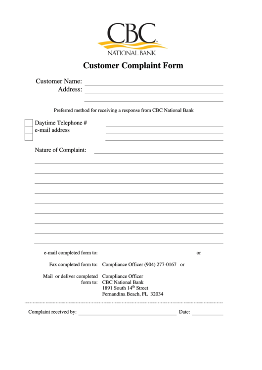 Customer Complaint Form - Cbc National Bank Printable pdf