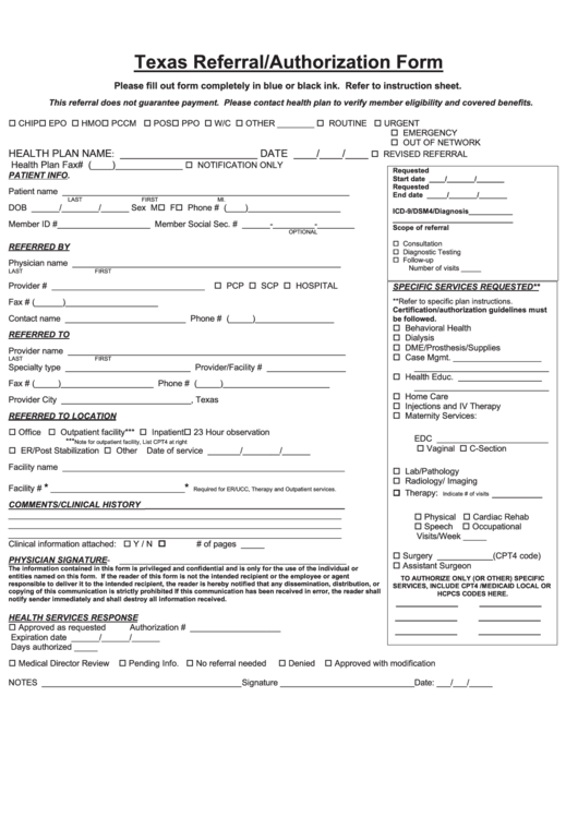 Texas Referralauthorization Form Printable Pdf Download 2486
