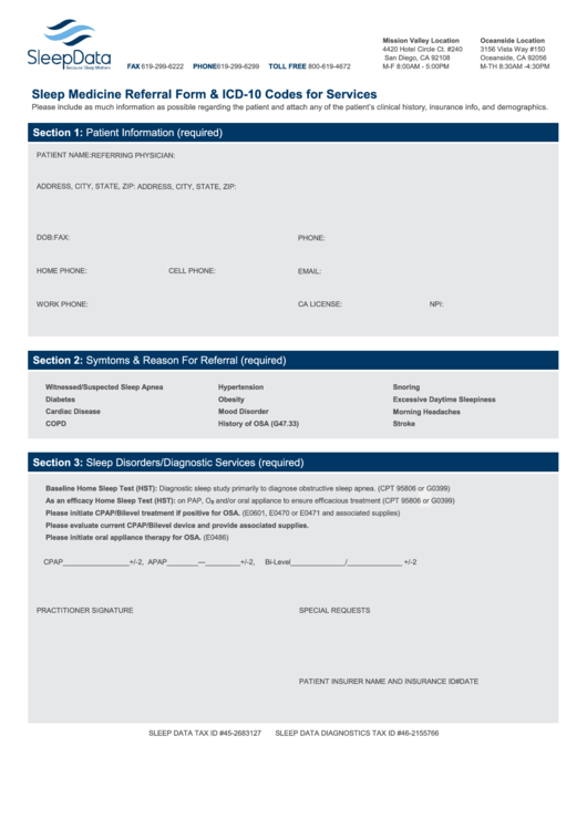 Fillable Sleep Medicine Referral Form And Icd-10 Codes For Services - Sleepdata Printable pdf