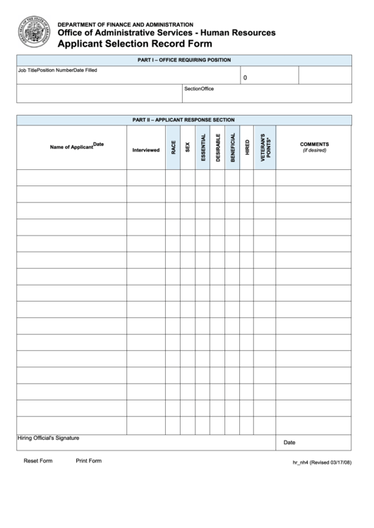 Fillable Applicant Selection Record Printable pdf