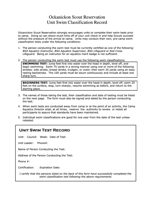 Fillable Swim Test Record - Ockanickon Scout Reservation Printable pdf