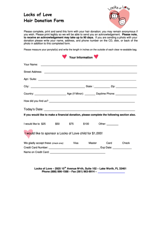 Hair Donation Form - Locks Of Love