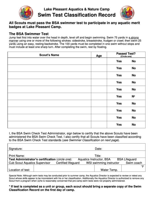 Swim Test Classification Record Printable pdf