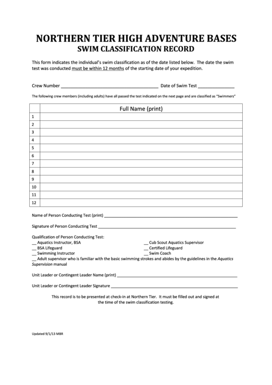 Swim Classification Form - Northern Tier Printable pdf