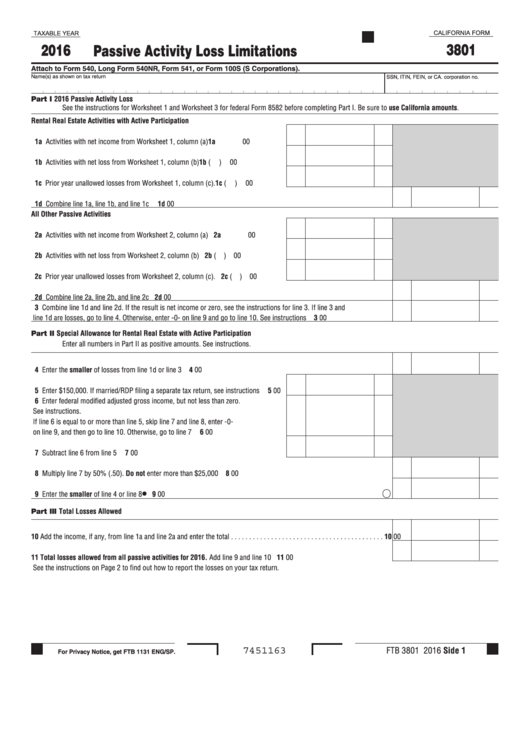 Fillable Form 3801 - Passive Activity Loss Limitations - 2016 Printable pdf