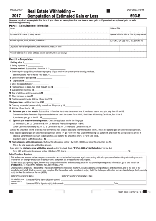 Form 593 E Fillable Printable Forms Free Online