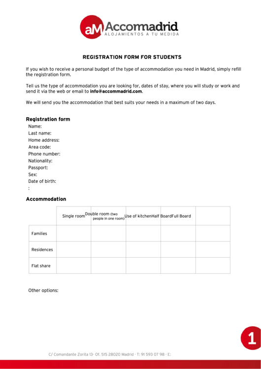 Fillable Registration Form - Accommadrid Printable pdf