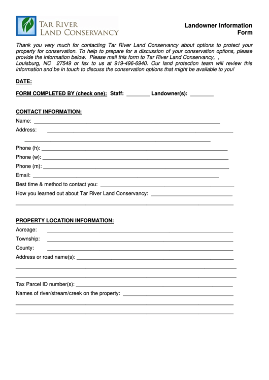 Landowner Information Form - Tar River Land Conservancy Printable pdf