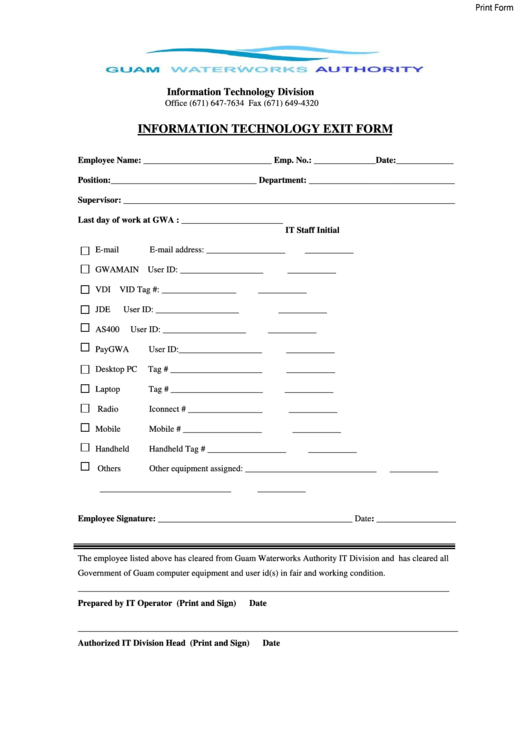 Fillable Information Technology Exit Form - Guam Waterworks Authority Printable pdf