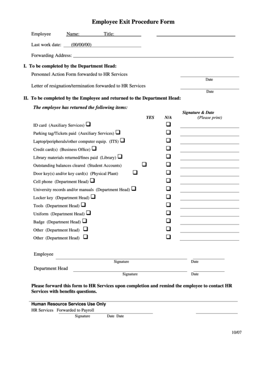 Employee Exit Procedure Form - Marymount Commons Printable pdf