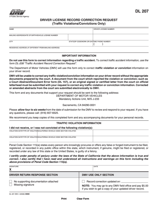 Fillable Form Dl 207 - Driver License Record Correction Request Printable pdf