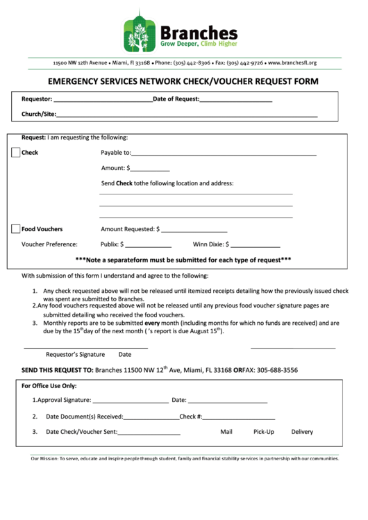 Check/ Food Voucher Request Form - Branches Printable pdf