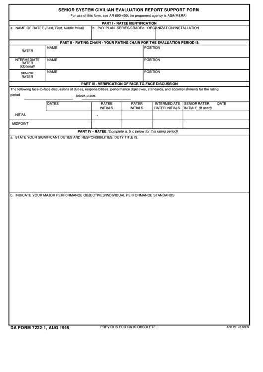 Fillable Da Form 7222-1, Aug 1998 - Page 1 Of 2 - Army Printable pdf