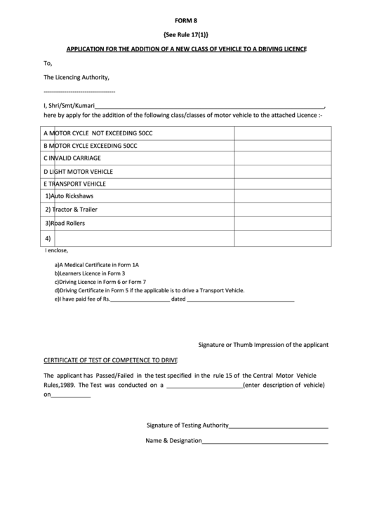 Form 8 - Application For The Addition Of A New Class Of Vehicle To A Driving Licence Printable pdf