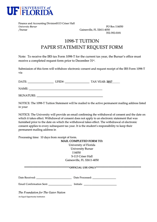 Fillable 1098-T Tuition Paper Statement Request Form - Finance And Accounting Printable pdf