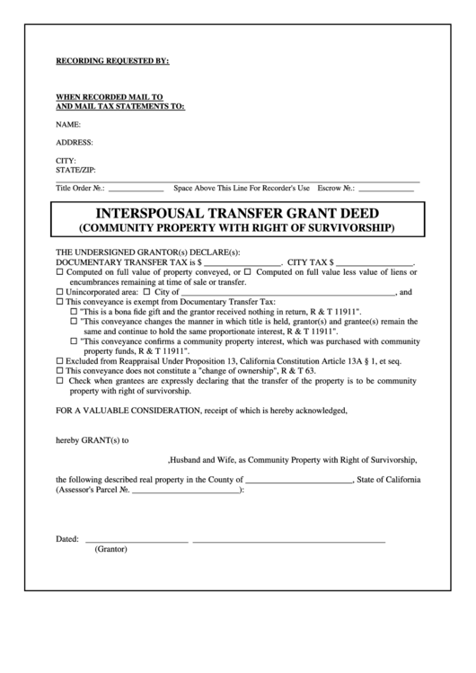 Fillable Interspousal Transfer Grant Deed (Community Property With Right Of Survivorship) Printable pdf