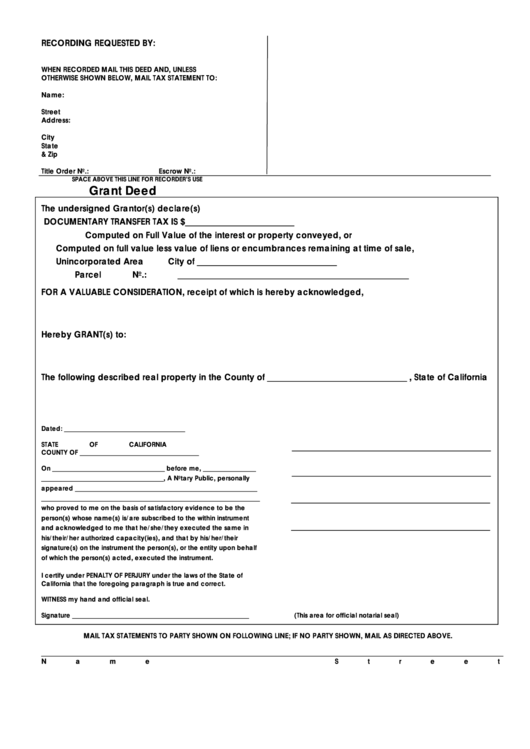 Fillable Grant Deed Form (Documentary Transfer Tax) - State Of California Printable pdf
