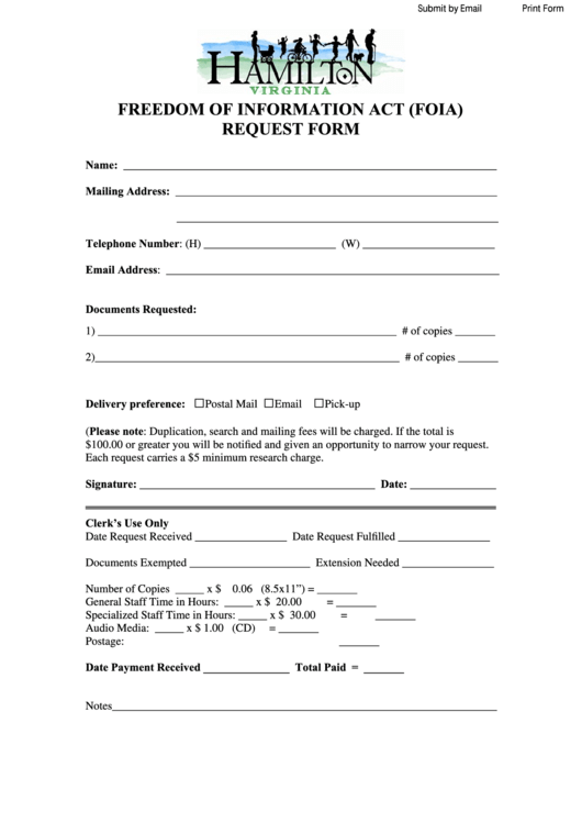 Fillable Foia Request Form - Town Of Hamilton, Va Printable pdf