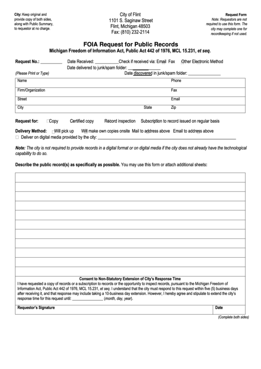 Foia Request For Public Records - City Of Flint Printable pdf