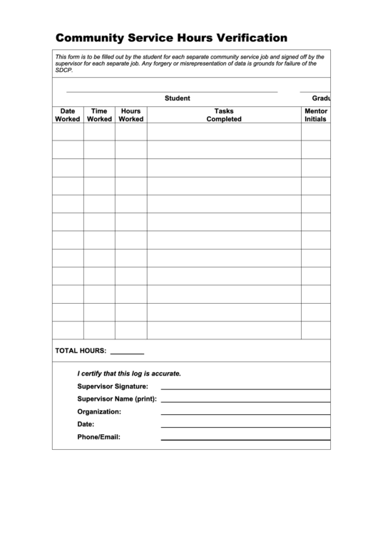 Community Service Hours Verification - San Dimas High School Printable pdf